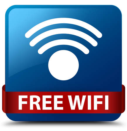 Free wifi isolated on blue square button with red ribbon in middle abstract illustrationの写真素材