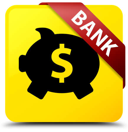 Bank (piggy box dollar sign) isolated on yellow square button with red ribbon in corner abstract illustrationの写真素材