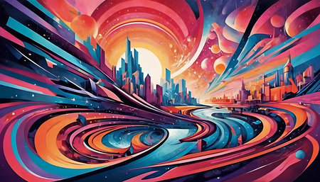 abstract background with city and rainbow colors, 3d illustration.の素材