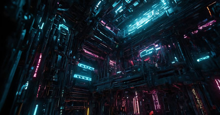 3D rendering of abstract background with neon lights and space ship corridorの素材