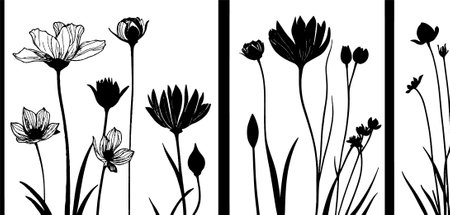 Set of black and white flowers silhouettes. Hand drawn vector illustration.のイラスト素材