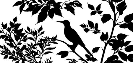 Black silhouette of a bird on a branch with leaves. Vector illustration.のイラスト素材
