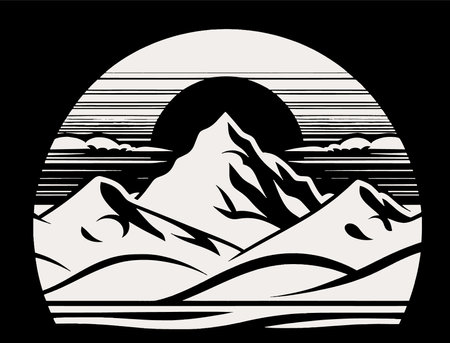 Mountains and the sun. Black and white vector illustration in retro style.のイラスト素材