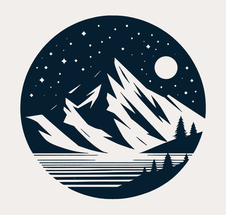 Mountains in the night sky with moon and stars. Vector illustration.のイラスト素材