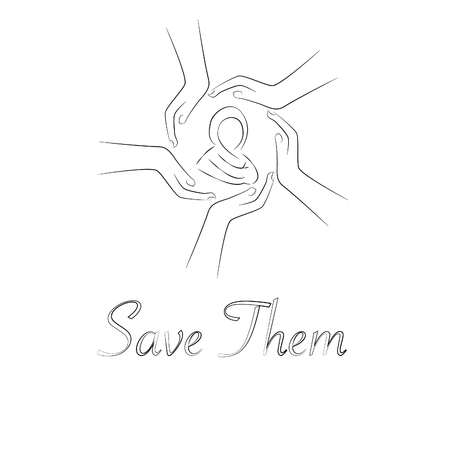 Open palms with female silhouette. Women's protection. Thin line illustration. Contour symbol. Vector isolated outline drawing. Editable strokeのイラスト素材