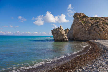 A stony beach with rocks, Cyprus coastの写真素材