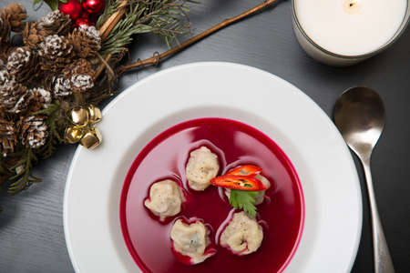 Polish crystal clear soup with dumplings. Borschの写真素材
