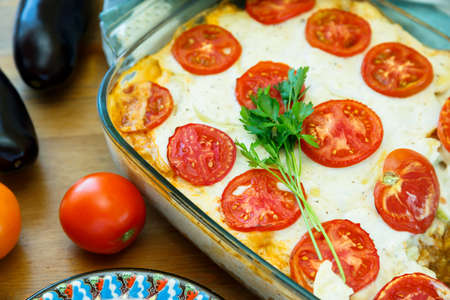 Moussaka with potatoes, minced meat and tomatoesの写真素材
