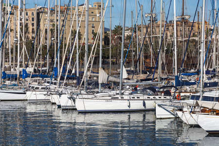 Barcelona port view with many yachts. Port in Barcelona, Spain.の写真素材