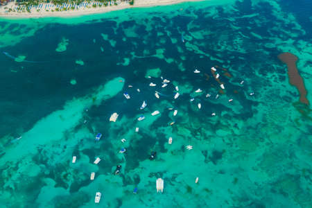 Aerial view of boats in Atlantic ocean, Dominican Republicの写真素材