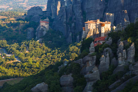 Greece. Meteora - incredible sandstone rock formations. The Holly Monastery at sunriseの写真素材