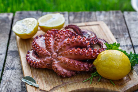 Boiled octopus ready for serve with lemon and parsley on wooden boardの写真素材