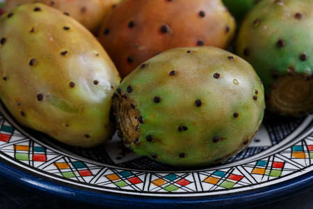 Opuntia or prickly pear on a plate, close viewの写真素材