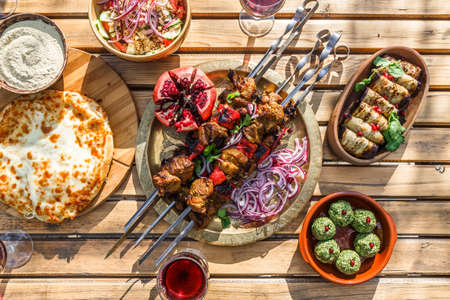 Shish kebab or shashlik, grilled meat skewers, traditional georgian dish, top view.の写真素材