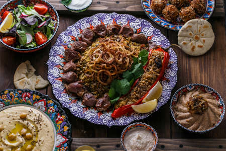 Middle eastern or arabic dishes: shish kebab, falafel, hummus, rice, tahini, kashke bademjan, pita. Top viewの写真素材