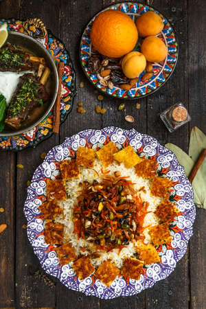 Jewelled rice with lamb and fruits, top viewの写真素材