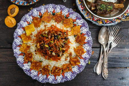 Jeweled rice close view, iranian pilaf with tahdigの写真素材