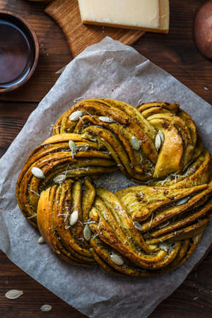 Babka Brioche Wreath with Pesto and Parmesan.の写真素材