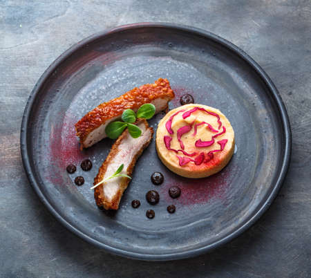 Crispy skin Pork Belly, with plum sauce, quince puree and pickled cabbage, restaurant dish.の写真素材