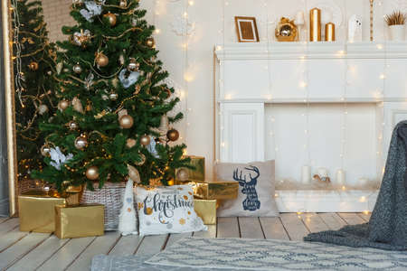 White room decorated for Christmas and New Year eveの写真素材