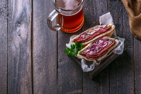 Pastrami and coleslaw sandwich, rustic style, copy space.の写真素材