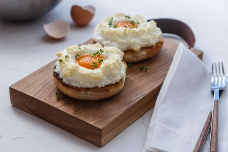 Orsini oeufs with toasted bread, copy spaceの写真素材