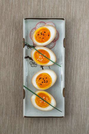 Marinated egg for ramen or nitamago, top viewの写真素材