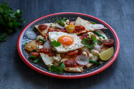 Chilaquiles Mexican tortilla with tomato salsa, chicken and egg close-up on a plate. Horizontal view from aboveの写真素材