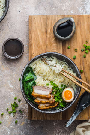 Close view ramen noodles with pork and eggの写真素材