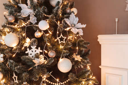 Closeup of Christmas-tree background with decor, copy spaceの写真素材