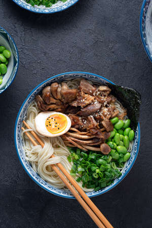 Close view of shio ramen, japanese chicken soup, top view