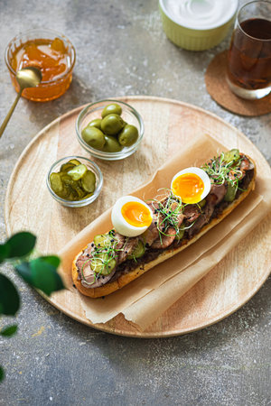 Homemade sandwich with turkey, pickles and egg for breakfast, copy spaceの写真素材