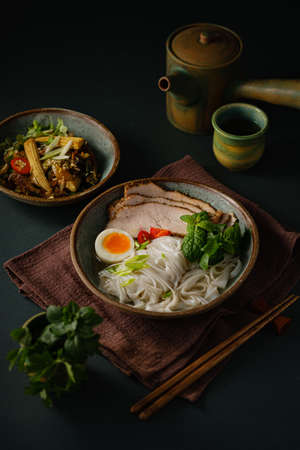 Asian noodle soup on table, ramen with pork, vegetables and egg in a bowl. Copy space
