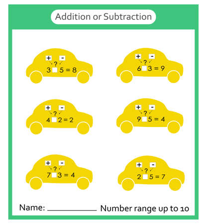 Addition or Subtraction? Math worksheet for kids. cartoon style.のイラスト素材