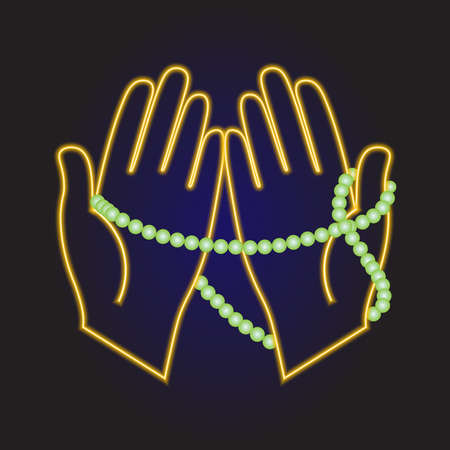Praying hands with green rosary beads (Tasbih) neon icon. Element of Islamic Religion set. Can be used for websites, web design, mobile app and moreのイラスト素材