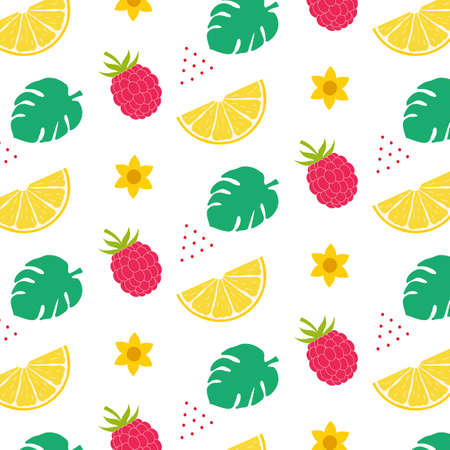 Seamless pattern with raspberries, tropical leaves, lemon wedges, flowers.のイラスト素材