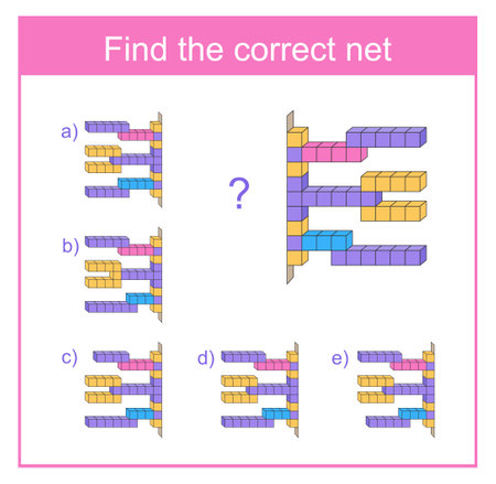 logic game. IQ training test. Find the correct net. practice worksheet for kids. (Answer is d).のイラスト素材