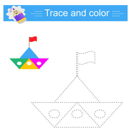 Trace and color for kids, boat, vector. Preschool worksheet for practicing fine motor skills. flat minimal designのイラスト素材