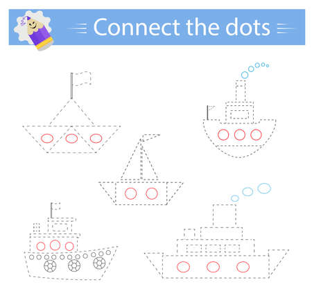 Education game for kids. Connect the dots and color. Set of water transportation. vector illustration.のイラスト素材