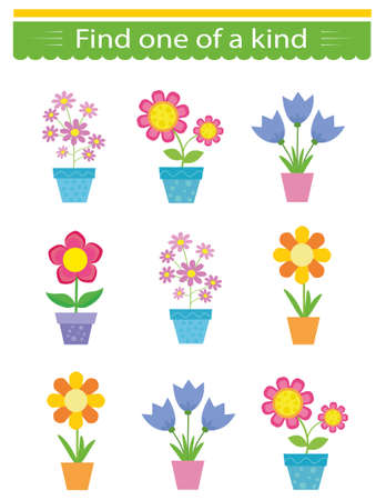 Puzzle game for kids. Task for development of attention and logic. Need to find one of a kind flower pot. visual intelligence. vector illustration.のイラスト素材