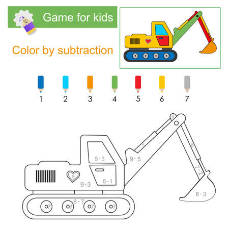 Color by subtraction. Math activity for kid. Developing numeracy skills. Number range up to 10. Vector illustration.のイラスト素材