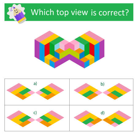 A game for children. Task for development of attention and logic. Which top view is correct? vector illustration. Answer is C.のイラスト素材