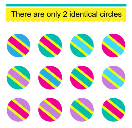 Fun puzzle game for kids. Need to find two identical circles. Task for development of attention and logic. vector illustration.のイラスト素材