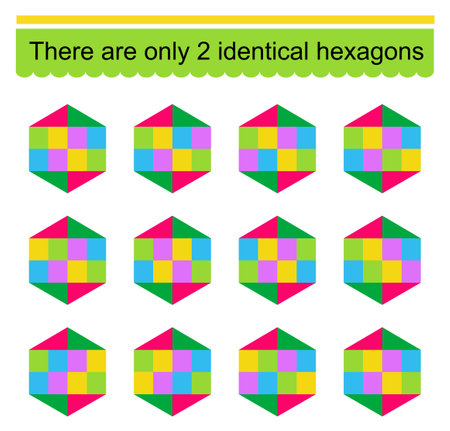 fun puzzle game. Need to find two identical hexagons. Task for development of attention and logic. vector illustration.のイラスト素材