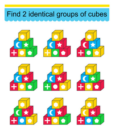Puzzle game for kids. Need to find two identical groups of cubes. Task for development of attention and logic. vector illustration.のイラスト素材