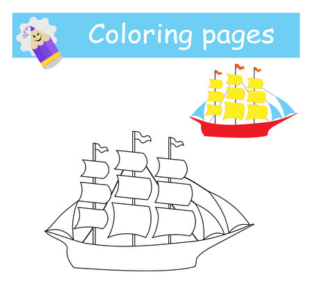 coloring pages. cartoon sailboat vector. illustration for children education. flat style design.のイラスト素材