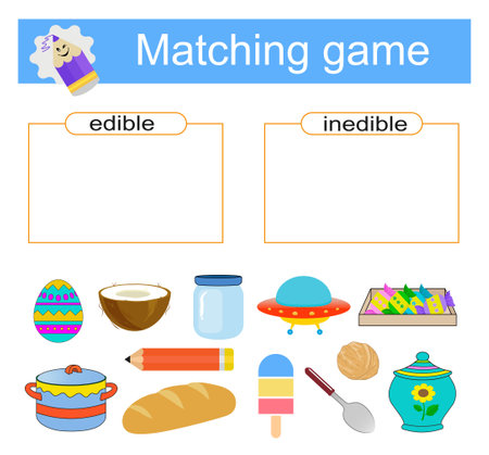 Edible and inedible. A game for children. preschool worksheet activity. printable worksheet.のイラスト素材