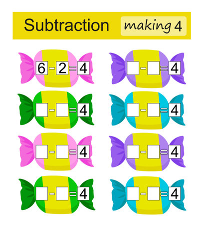 Mathematical puzzle game for kids. Subtraction. Making 4. Vector illustration.のイラスト素材