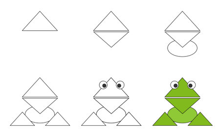 Worksheet easy guide to drawing cartoon frog. Simple step by step drawing tutorial for little children. vector illustration.のイラスト素材