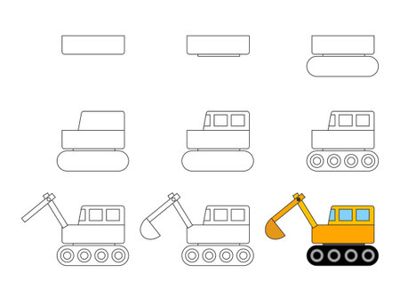 Worksheet easy guide to drawing excavator. Simple step by step drawing tutorial for little kids. vector illustration.のイラスト素材